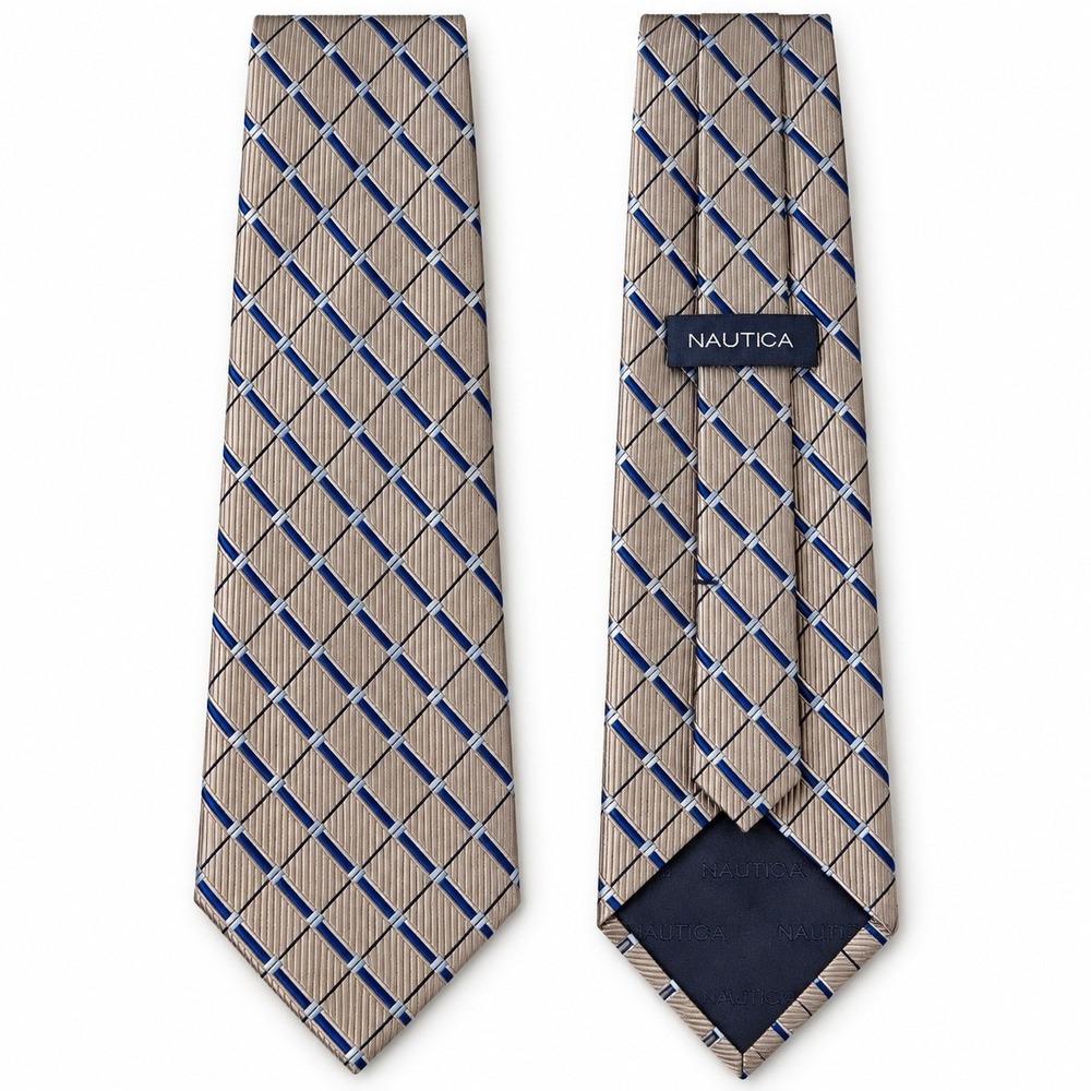 Nautica Mens Silk Necktie Taupe Silver Blue Geometric Plaid Stripe Dress Tie